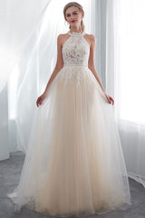 Beach Wedding Dresses Halter Champagne Lace Tulle Beaded Flowers Bridal Gowns With Train-Dbrbridal