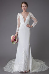 Beach Wedding Dresses Ivory Lace Chic V-Neck Long Sleeve Mermaid Bridal Gown With Train Exclusive-Dbrbridal