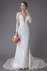 Beach Wedding Dresses Ivory Lace Chic V-Neck Long Sleeve Mermaid Bridal Gown With Train Exclusive-Dbrbridal