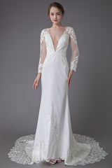 Beach Wedding Dresses Ivory Lace Chic V-Neck Long Sleeve Mermaid Bridal Gown With Train Exclusive-Dbrbridal