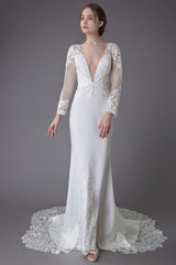 Beach Wedding Dresses Ivory Lace Chic V-Neck Long Sleeve Mermaid Bridal Gown With Train Exclusive-Dbrbridal