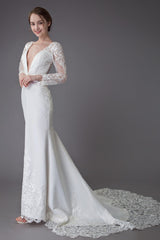 Beach Wedding Dresses Ivory Lace Chic V-Neck Long Sleeve Mermaid Bridal Gown With Train Exclusive-Dbrbridal
