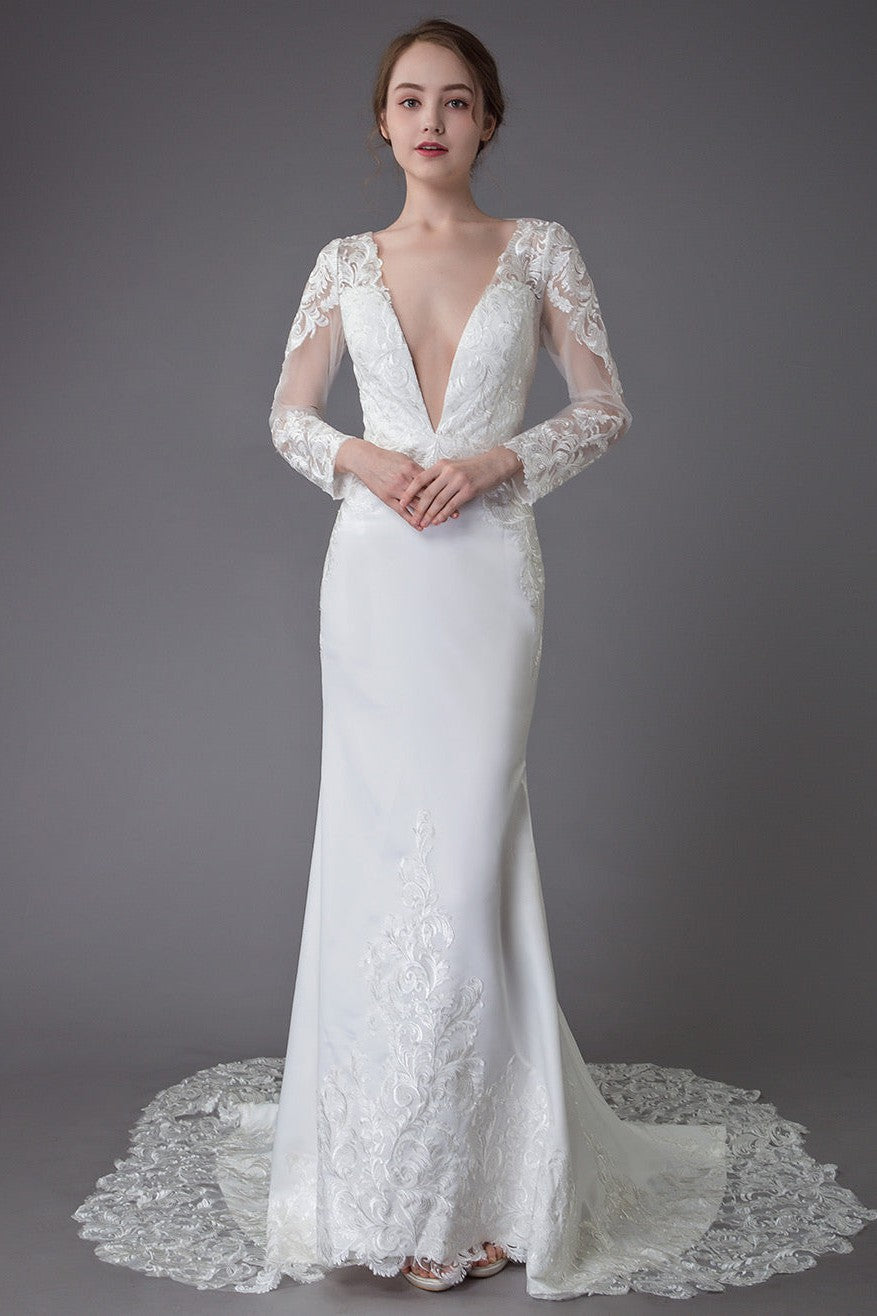 Beach Wedding Dresses Ivory Lace V-Neck Long Sleeve Mermaid Bridal Gown With Train Dbrbridal Beach Wedding Dresses Ivory Lace V-Neck Long Sleeve Mermaid Bridal Gown With Train Dbrbridal