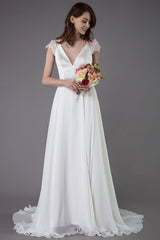 Beach Wedding Dresses Lace Satin A-line Ivory Luxury Back Cross High Split Summer Bridal Gowns With Train-Dbrbridal