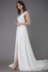 Beach Wedding Dresses Lace Satin A-line Ivory Luxury Back Cross High Split Summer Bridal Gowns With Train-Dbrbridal