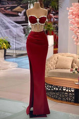 Beaded Burgundy Mermaid Prom Dress-Dbrbridal