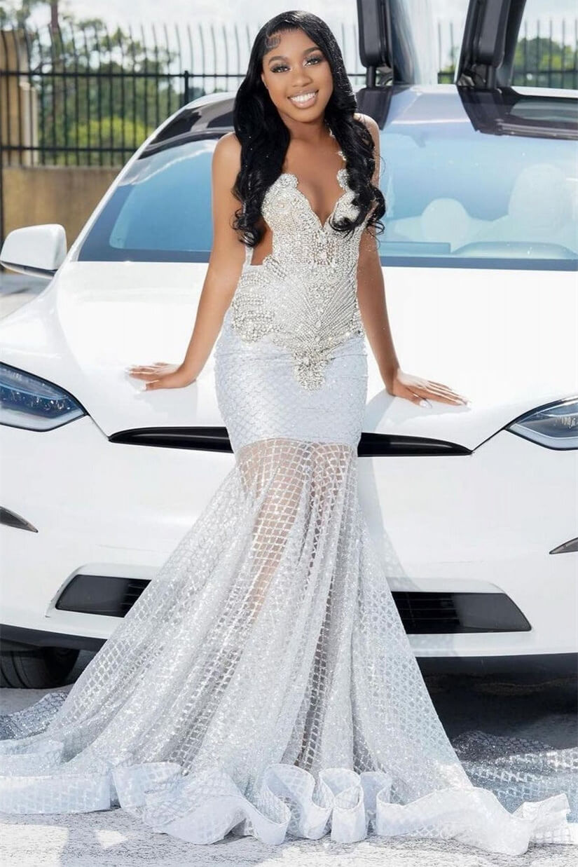 Beaded Silver Sleeveless V-Neck Mermaid Prom Dresses Dbrbridal Beaded Silver Sleeveless V-Neck Mermaid Prom Dresses Dbrbridal