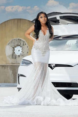 Beaded Silver Sleeveless V-Neck Mermaid Prom Dresses-Dbrbridal