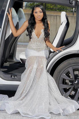 Beaded Silver Sleeveless V-Neck Mermaid Prom Dresses-Dbrbridal