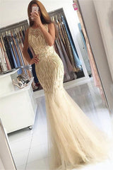 Beadings Crystals Mermaid Tulle Chic Evening Gown Champagne Affordable Formal Dresses-Dbrbridal
