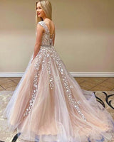 Beautiful Lace Prom Dress Long Tulle Evening Ball Dresses Cap Sleeve-Dbrbridal