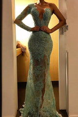 Beautiful One Shoulder Mermaid Evening Party Gowns Lace Long Prom Party Dress-Dbrbridal
