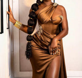 Beautiful One Shoulder Prom Dresses Mermaid Split Long With Ruffles-Dbrbridal