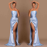 Beautiful Sky Blue Strapless Mermaid Prom Dresses Long Split-Dbrbridal
