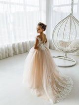 Beautiful Sleeveless Flower Girl Dress Floral Lace Champagne-Dbrbridal