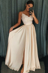 Beautiful Spaghetti-Straps Lace Appliques Prom Dress Long With Split-Dbrbridal