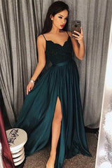 Beautiful Spaghetti-Straps Lace Appliques Prom Dress Long With Split-Dbrbridal