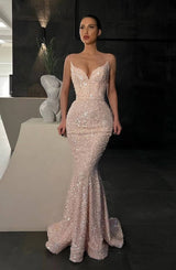 Beautiful Spaghetti-Straps Sequins Prom Dresses Mermaid Sleeveless-Dbrbridal