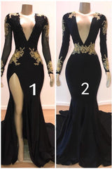 Beautiful V-Neck Long Sleeves Appliques Mermaid Floor-Length Prom Dresses-Dbrbridal