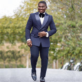 Bespoke Navy Blue Double Breasted Peaked Silk Lapel Mens Suit Online-Dbrbridal
