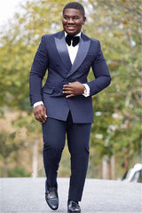 Bespoke Navy Blue Double Breasted Peaked Silk Lapel Mens Suit Online-Dbrbridal