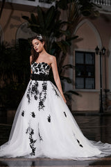 Black A-Line Wedding Dress Strapless Black Applique Sash Tulle Satin Fabric Wedding Gown Exclusive-Dbrbridal