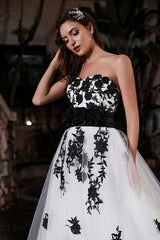Black A-Line Wedding Dress Strapless Black Applique Sash Tulle Satin Fabric Wedding Gown Exclusive-Dbrbridal