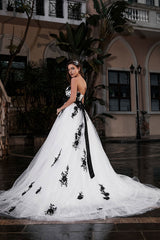 Black A-Line Wedding Dress Strapless Black Applique Sash Tulle Satin Fabric Wedding Gown Exclusive-Dbrbridal