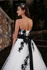 Black A-Line Wedding Dress Strapless Black Applique Sash Tulle Satin Fabric Wedding Gown Exclusive-Dbrbridal