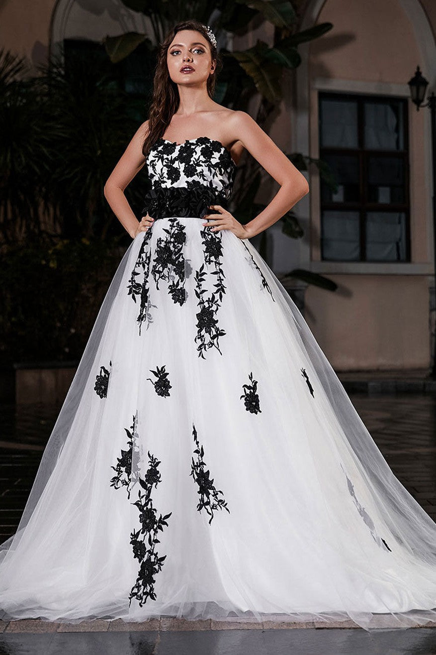 Black A-Line Wedding Dress Strapless Black Applique Sash Tulle Satin Fabric Wedding Gown Dbrbridal Black A-Line Wedding Dress Strapless Black Applique Sash Tulle Satin Fabric Wedding Gown Dbrbridal