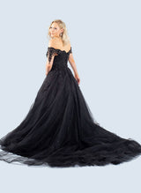 Black Gothic Ball-Gown Off-The-Shoulder Tulle Prom Dresses Featuring Appliques Lace-Dbrbridal