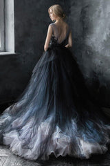 Black Gothic Wedding Dresses A-Line Chic V-Neck Sleeveless Ball Gown Tulle Lace Bridal Gown-Dbrbridal