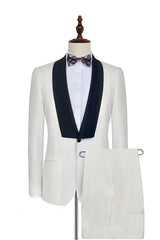 Black Knife Collar Gorgeous White Wedding Suits for Men One Button Wedding Tuxedos-Dbrbridal