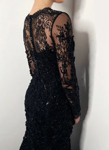 Black Lace Mermaid Fitted Wedding Dress Elegant Sweetheart Neckline Long Sleeves-Dbrbridal