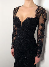 Black Lace Mermaid Fitted Wedding Dress Elegant Sweetheart Neckline Long Sleeves-Dbrbridal