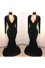 Black Lace V-Neck Party Dresses Mermaid Long-Sleeve Evening Gowns-Dbrbridal