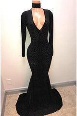 Black Lace V-Neck Party Dresses Mermaid Long-Sleeve Evening Gowns-Dbrbridal