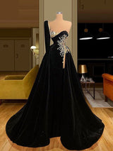 Black Long Sleeve Prom Dress with One Shoulder Overskirt High Split and Beadings-Dbrbridal