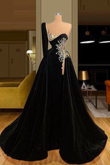 Black Long Sleeve Prom Dress with One Shoulder Overskirt High Split and Beadings-Dbrbridal