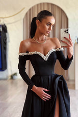 Black Long Sleeves High Split Off-the-Shoulder Prom Dress with Pearls-Dbrbridal