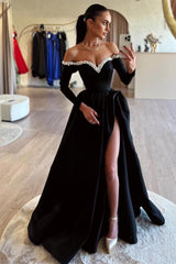 Black Long Sleeves High Split Off-the-Shoulder Prom Dress with Pearls-Dbrbridal