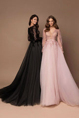 Black Long Sleeves Lace Evening Dress Tulle Long Party Gowns-Dbrbridal