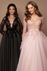 Black Long Sleeves Lace Evening Dress Tulle Long Party Gowns-Dbrbridal