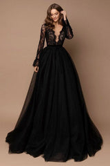 Black Long Sleeves Lace Evening Dress Tulle Long Party Gowns-Dbrbridal