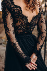 Black Long Sleeves Lace Evening Dress Tulle Party Gowns-Dbrbridal