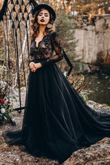 Black Long Sleeves Lace Evening Dress Tulle Party Gowns-Dbrbridal
