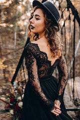 Black Long Sleeves Lace Evening Dress Tulle Party Gowns-Dbrbridal