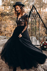 Black Long Sleeves Lace Evening Dress Tulle Party Gowns-Dbrbridal