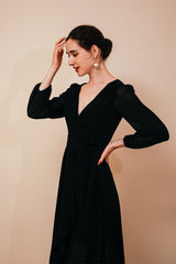 Black Long Sleevess High low Chiffon Evening Party Gowns-Dbrbridal