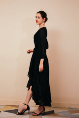 Black Long Sleevess High low Chiffon Evening Party Gowns-Dbrbridal